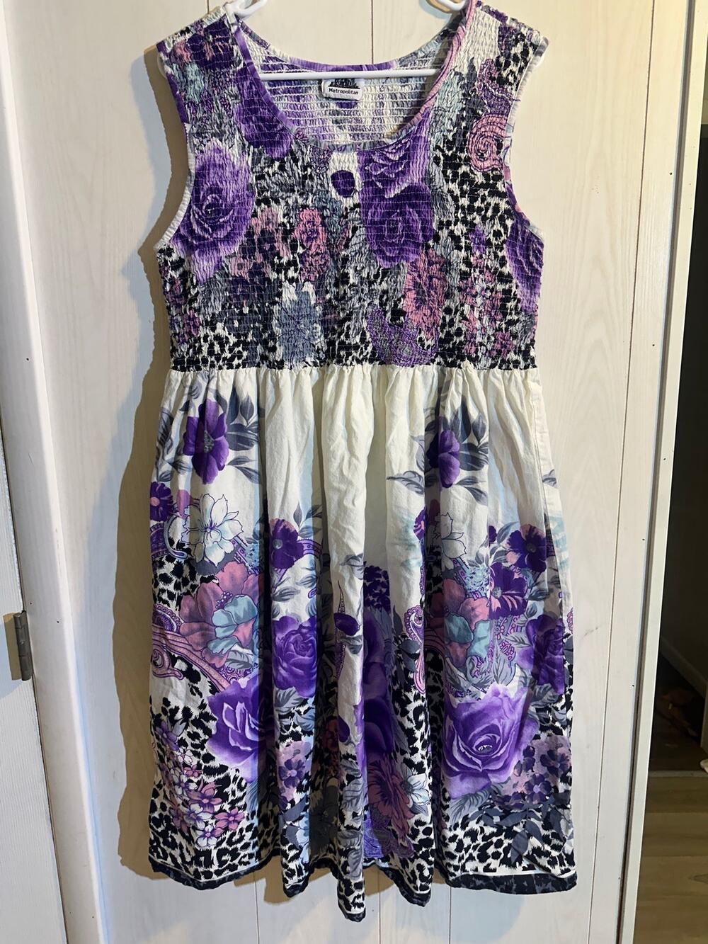 Vintage Metropolitan Purple Floral Smocked Midi Dress Sleeveless Leopard Accent